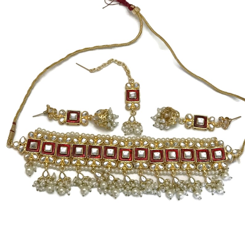 Maang Tikka Earring Set Kundan /& Pearls Choker Golden Necklace Na n463 Indian Bollywood Fashion Party wear Jewelry