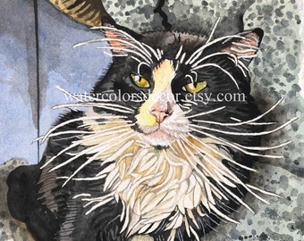 Original Tuxedo Cat Watercolor Painting 8x10 Pet Portrait Cat Lover Gift Tomcat Pet Memorial Country Decor Wall Art Black and White Picture