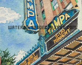 Original Tampa Florida Theater Watercolor Painting 8 x 10 Tropical Decor Summer Urban Cityscape Building Skyline Street Scene Wall Art