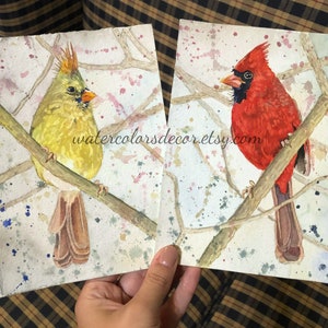 Original Cardinals Pair Watercolor Paintings Set of two 5x7 Cardinal Birds Winter Decor Christmas Gift for her Country Wall Art Holiday