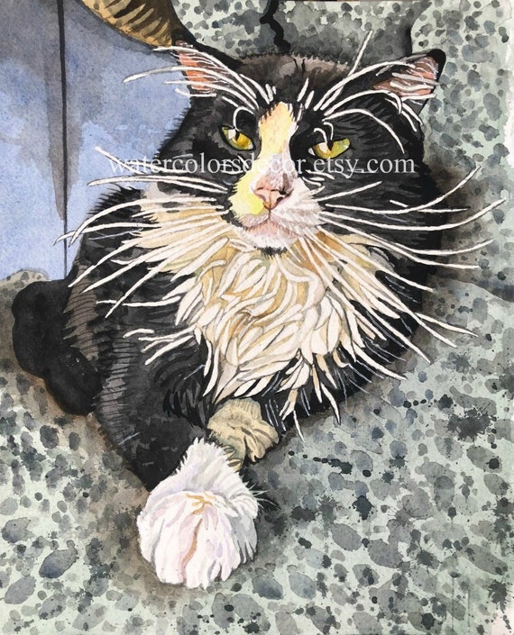 Giclee Print of Tuxedo Cat Watercolor Art Painting Pet Portrait Flowers Decor
