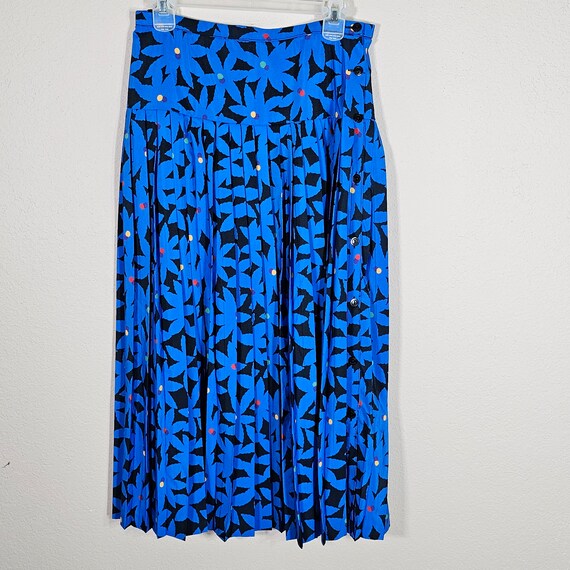 Vintage Handmade Blue Floral Pleated Skirt S - image 1