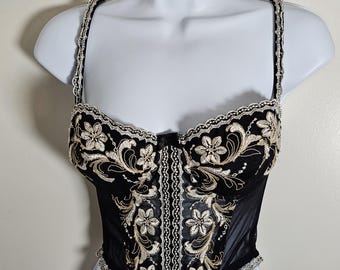 Top corsé negro vintage de Victoria's Secret de 1999, talla 36 C, bordado coqueto