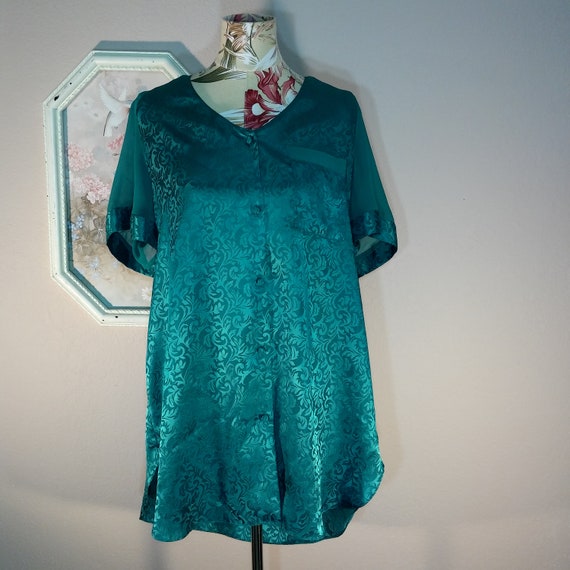 Vtg 80s Wendy Ann Turquoise Floral Top L