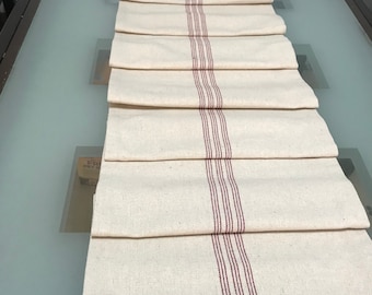 Farmhouse Cream and Red Striped Table Runner: Extra Long Grain Sack Style