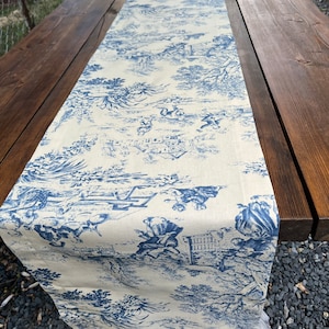 Blue Toile Table Runner: French Country Cotton, Extra Long