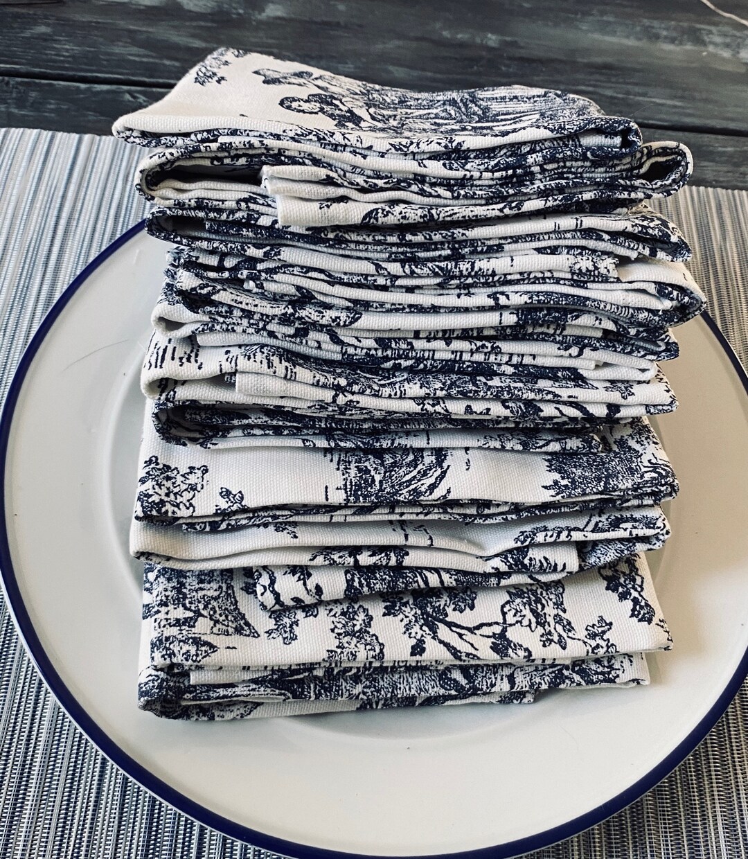 Toile Napkins Navy Cloth Napkins Blue and White Napkins French Country