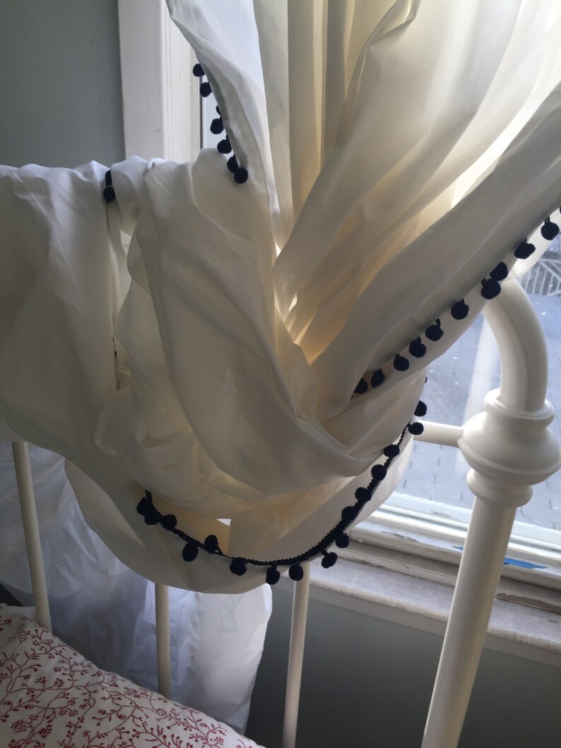 White Sheer Pom Pom Tassel Window Curtains 96 Inches Long Etsy