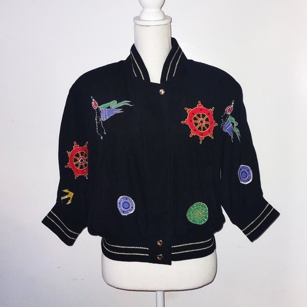 Otto Kern Vintage Silk Bomber Jacket Cropped Black & Applique Ladies Women's Sports Jacket Size 5 Small S Short Vintage Jacket
