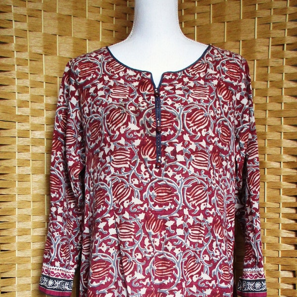 Kurti Tunic Large Indian Cotton Kurti Kurta Handmade Vintage Casual Burgundy Tunic Top L