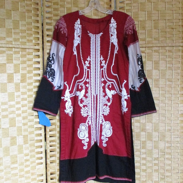 Embroidered Kurti Tunic XS Indian Cotton Kurti Kurta Handmade Vintage Casual Burgundy Tunic Top