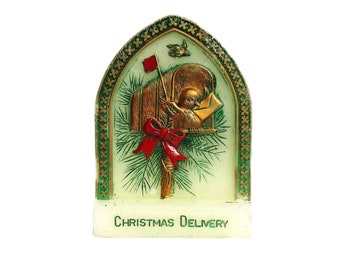 Vintage Christmas Candle Sealed Bird & Mailbox Cathedral Pillar Candle