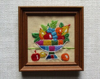 Vintage Embroidery Mini Fruit Bowl Finished & Framed MCM Finished Crewel Hand Embroidery Vintage Fruit Wall Hanging Mini Art