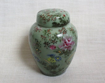 Vintage Ginger Jar Ceramic Green & Hand Painted Floral Japanese Jar