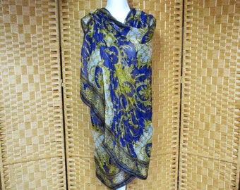 Grande écharpe en mousseline de soie, imprimé français fleuri, longue écharpe bleue et jaune, Wrap vintage