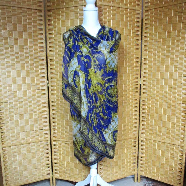 Chiffon Wrap Large Scarf Ornate French Print Blue & Yellow Long Scarf Vintage Wrap