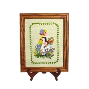 Vintage Crewel Embroidery Completed Framed Crewel Folk Art Girl & Floral Crewel Colorful Retro Finished Crewel Embroidery