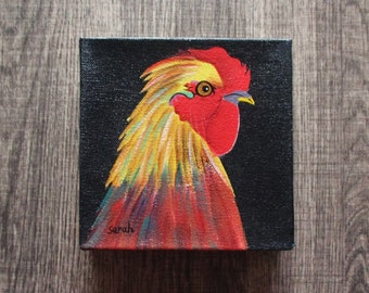 Small Rooster Oil Painting Box Framed Folk Art Wall Hanging Rooster Painting SIgned