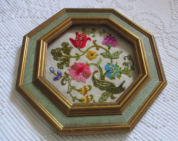 Vintage Crewel Embroidery With Frame Jacobean Floral Crewel Completed