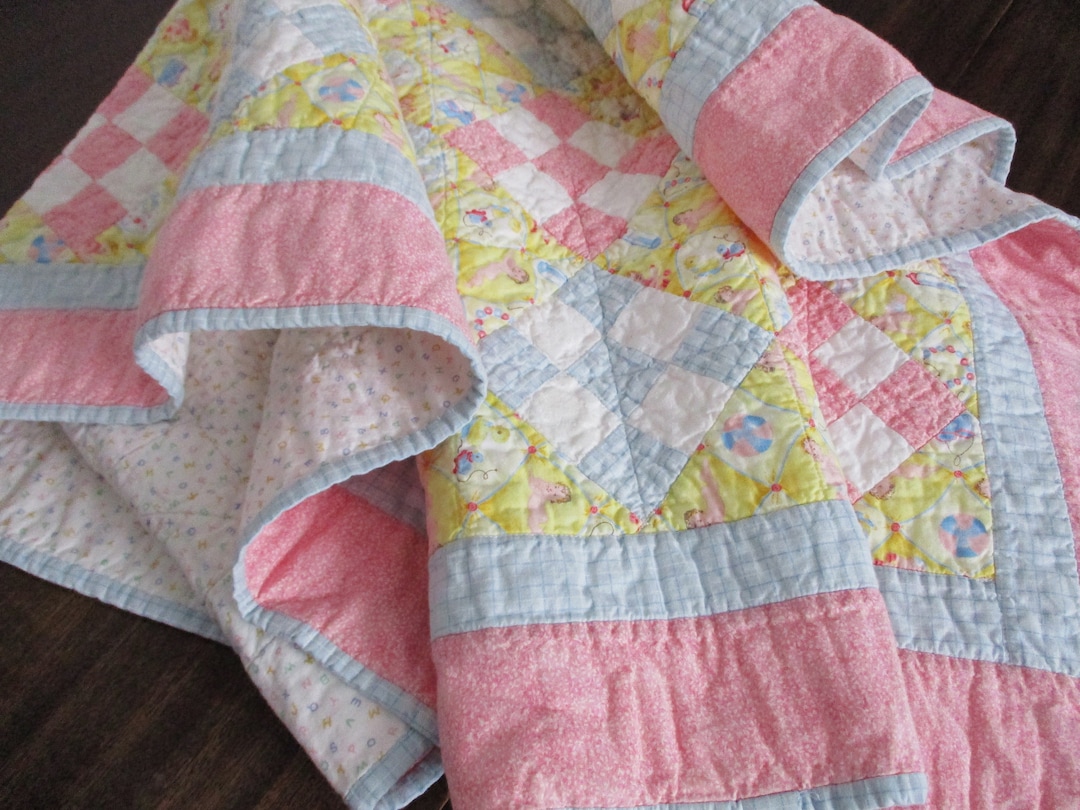Vintage Baby Quilt Hand Stitched All Cotton Pastel Quilted Blanket