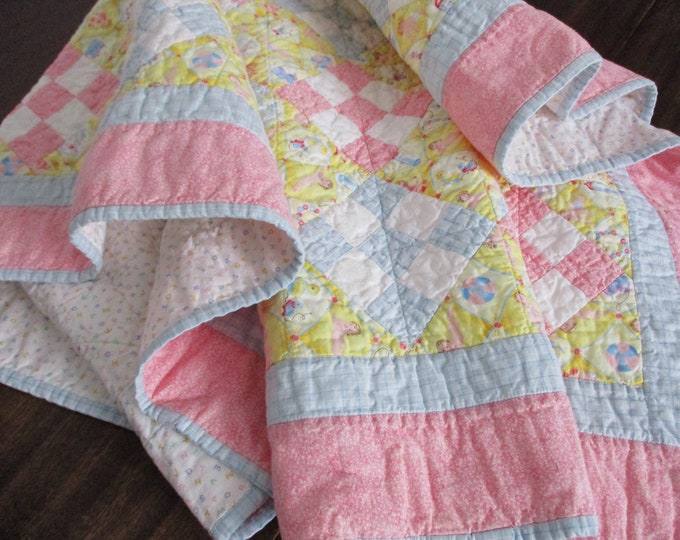 Vintage Baby Quilt Hand Stitched All Cotton Pastel Quilted Blanket
