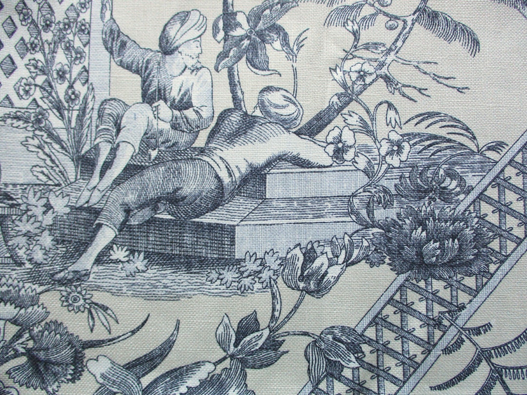 Robert Allen Toile Fabric Middle Eastern Print Blue Toile Linen Remnant