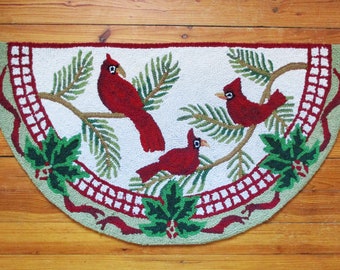 Wool Hooked Rug Half Moon Rug Cardinal Birds Christmas Rug