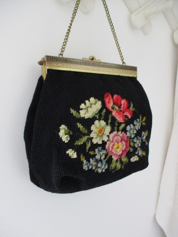 Vintage Needlepoint Purse Handbag Floral Purse Bl… - image 2