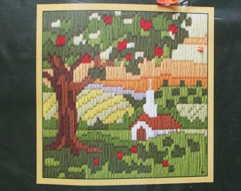 Sunset Needlepoint Kit Church in the Valley Vintage Longstitch Kit Apple Tree Landscape Country Church Needlepoint Kit Sealed