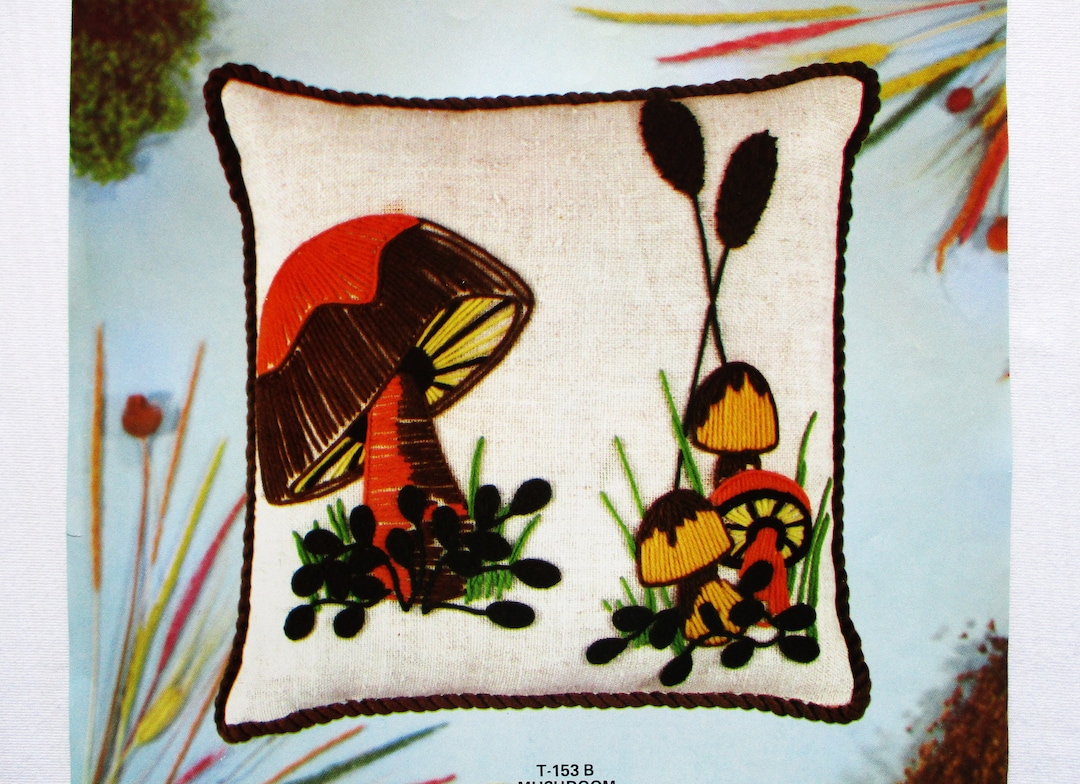 Mushrooms Pillow Crewel Embroidery Kit Vintage Etsy