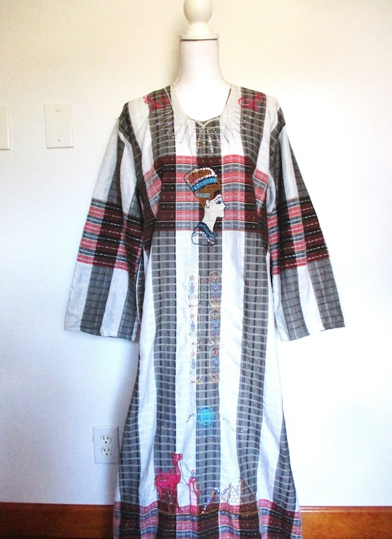 Egyptian Caftan Dress Plaid Embroidered Sequin Det