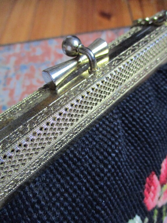 Vintage Needlepoint Purse Handbag Floral Purse Bl… - image 3