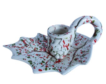 Vintage Christmas Candle Holder Hobbyist Ceramic Speckled Holly