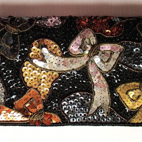 Vintage Sequin & Beaded Evening Bag Carla Marchi Sequin Bows Purse Black Gold and Silver Shoulder Bag