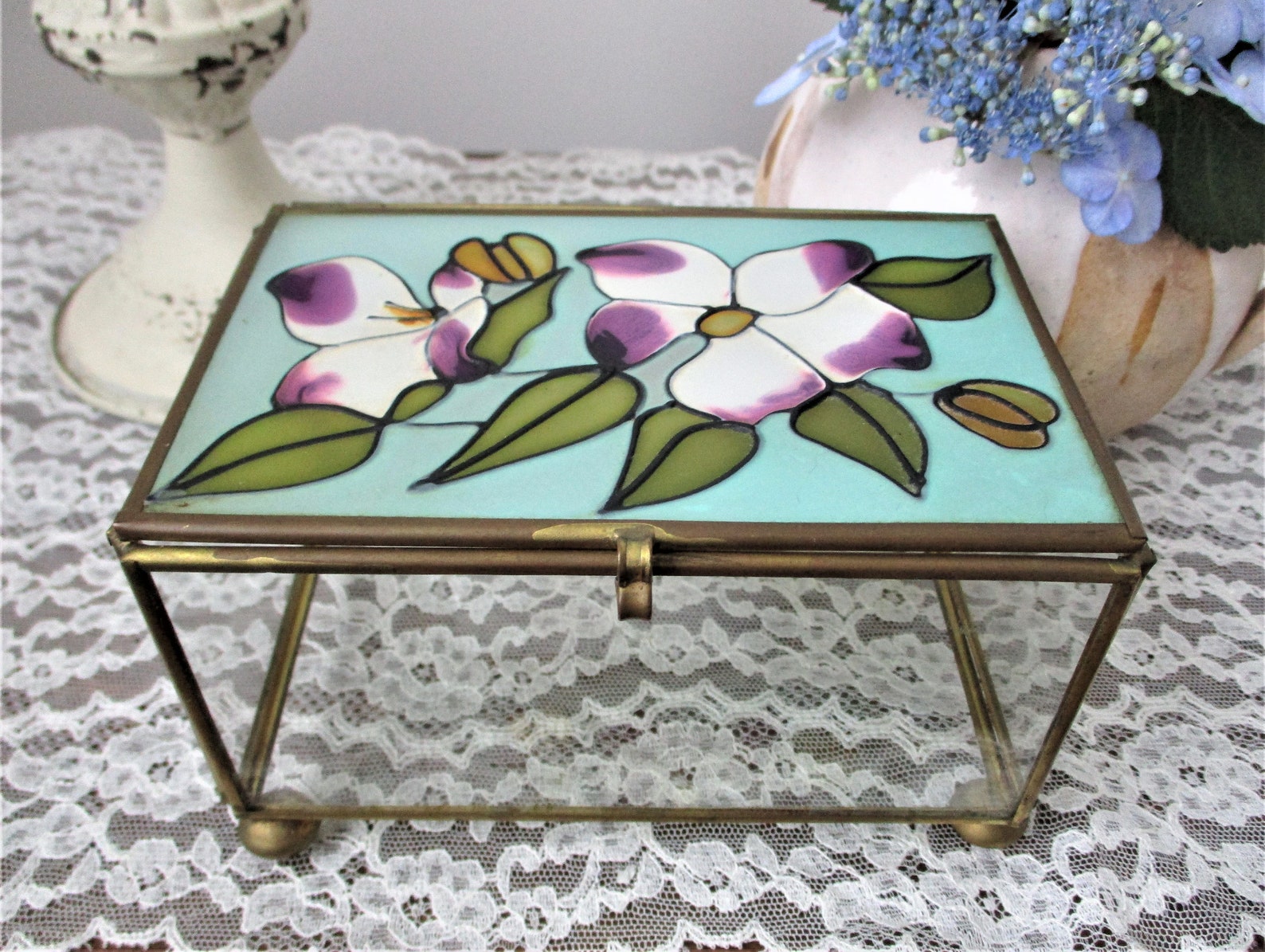Glass Jewelry Box Footed Vintage Floral Clear w/ Green Etsy