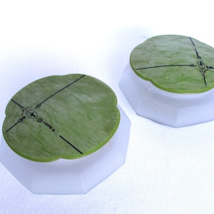 Vintage Art Deco Powder Jars Green Celluloid Lucite Lids Frosted Glass Vintage Powder Jar Set