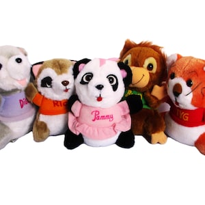 May include: A collection of five plush animal toys. From left to right: a gray animal in a lavender shirt labeled Dig, a brown and white animal in an orange shirt labeled Ric, a panda in a pink dress labeled Pammy, a brown monkey in a green shirt, and an orange animal in a red shirt labeled Tyg.