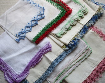 Hand Crochet & Tatted Lace 8 Vintage Handkerchief Lot Mixed Colors on White Cotton and Linen Handkerchiefs