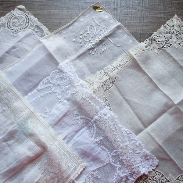 Vintage Lace Handkerchief Lot 5 Pc White & Ivory Linen and Cotton Ornate Lace