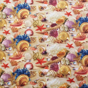 Seashell Fabric Squares Sea Shell Fabric Cotton Beach Decor Fabric Seashells Fabric Elizabeth&#39;s Studio Fabric 278