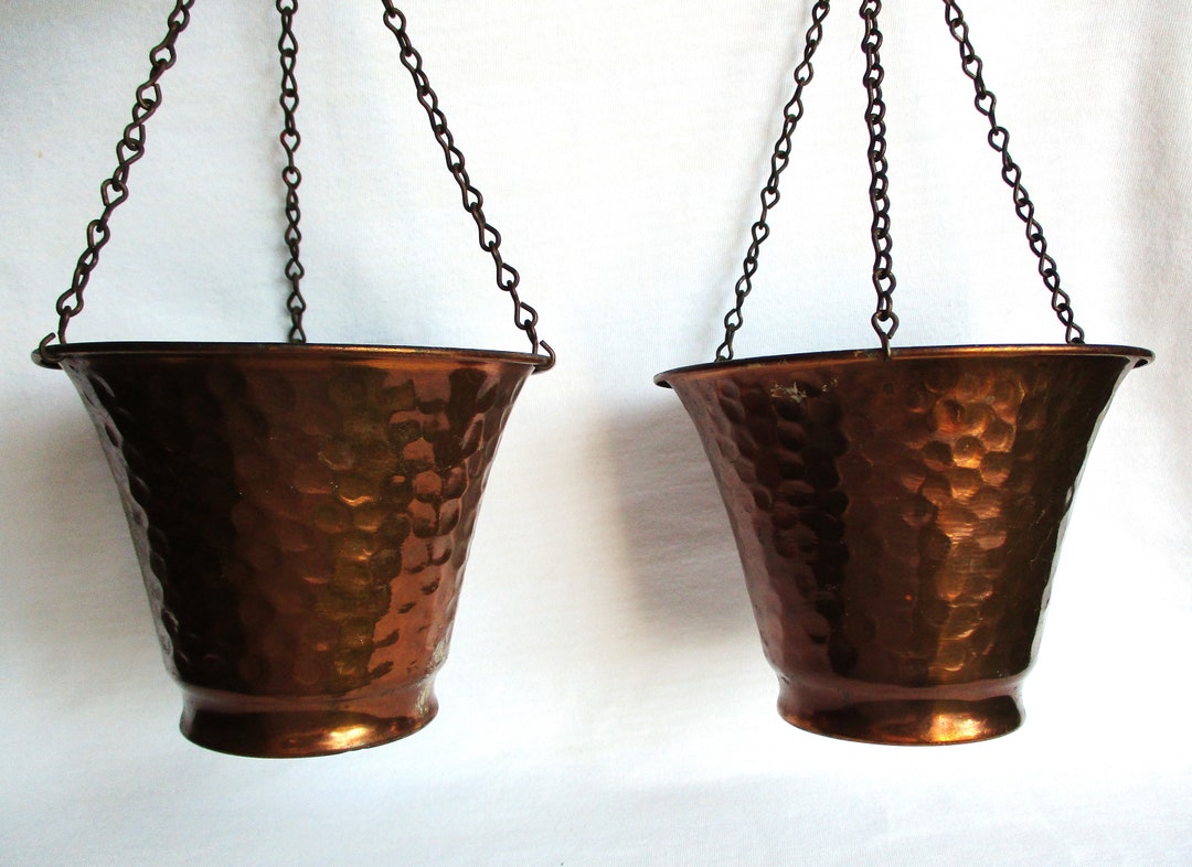 Vintage Hanging Planters Copper Metal Hammered Mid Century Etsy