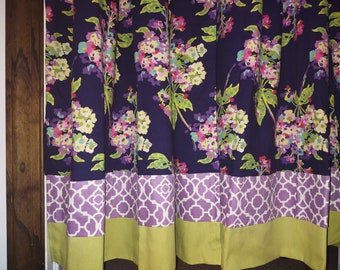 Floral Drapes 4 Panels Handmade Cotton French Flowers Purple Blue Pink Green 65" Cotton Curtains Set Lined Drapery