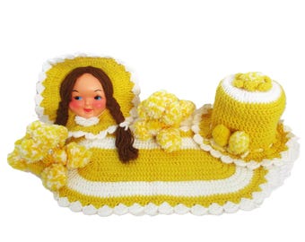 Vintage Bathroom Set Yellow Crochet Toilet Tissue Cover Mat & Poodle Soap Covers