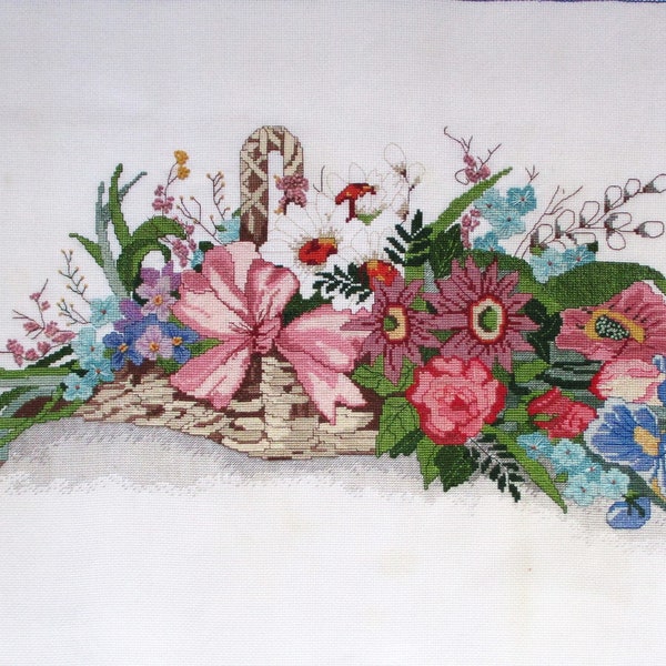 Finished Cross Stitch Vintage Floral Cross Stitch Colorful Flower Basket Completed