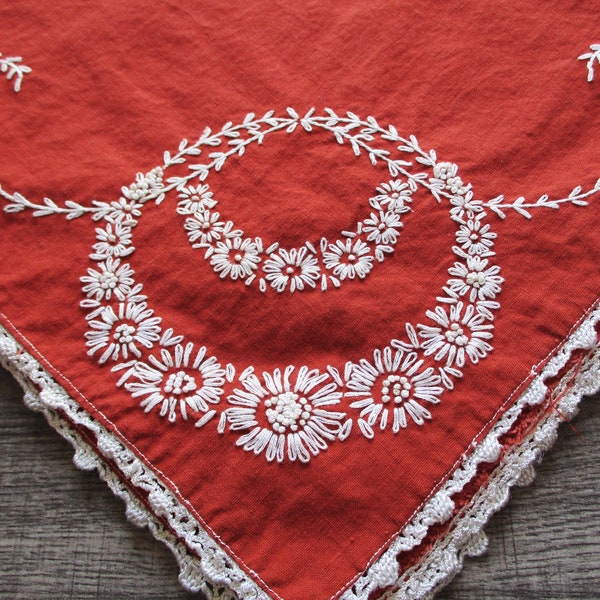 Embroidered Table Topper Rust Brown Lace Trim Small Vintage Tablecloth Cotton Square Tablecloth