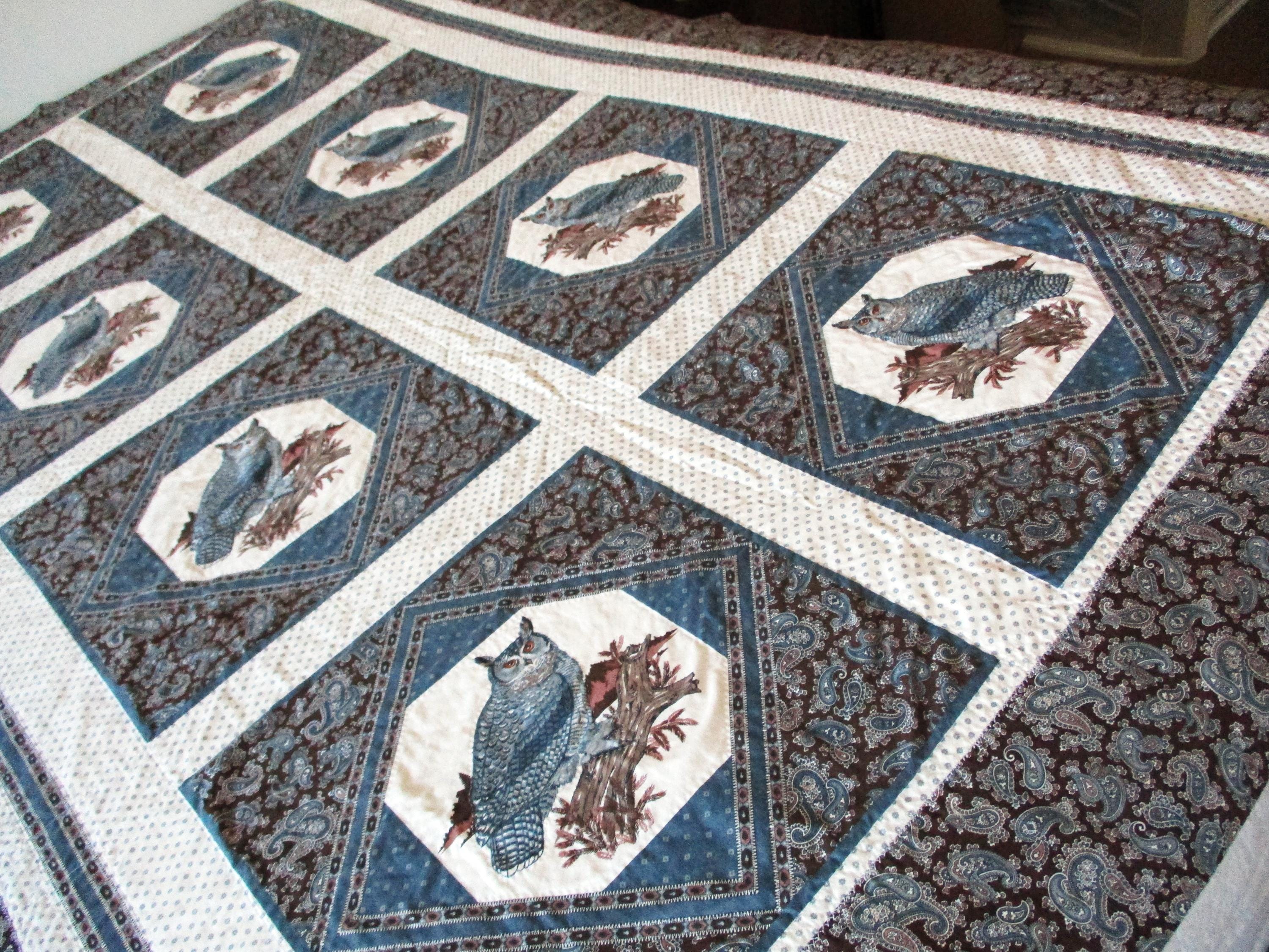 Blue Vintage Owl Quilt Cotton Handmade Twin Size Patchwork
