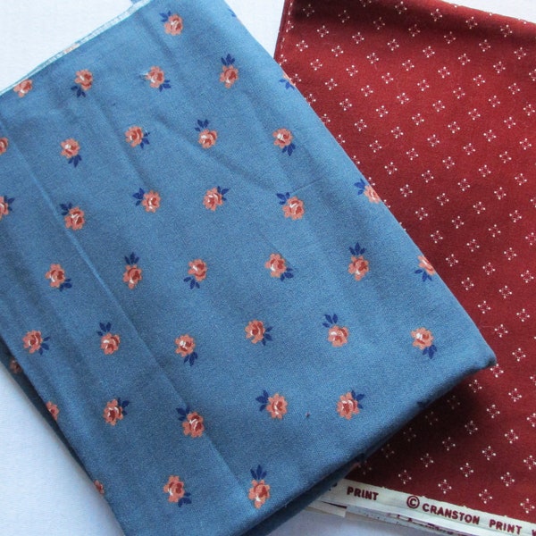 Floral Fabric Lot Peter Pan & Cranston Quilting Fabric Vintage Country Floral Blue and Rust Brown Cotton Remnants