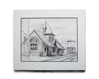 Boceto antiguo de la estación de tren de Franklin, Virginia. Dibujo artístico ferroviario firmado.