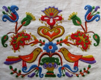 Folk Art Birds & Floral Finished Colorful Vintage Crewel Embroidery