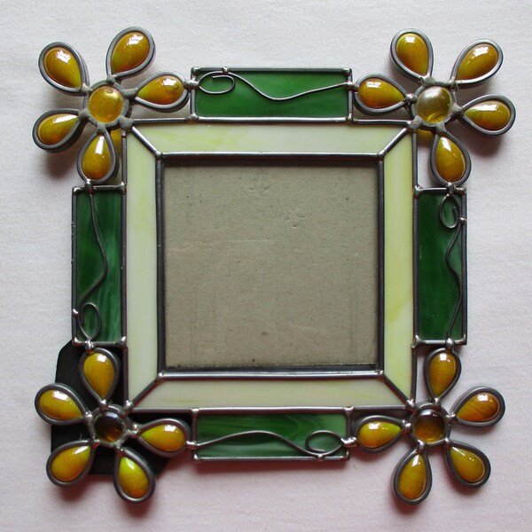 Stained Glass Picture Frame Green & Yellow Daisy Flowers Vintage Stained Glass Frame Square Photo Frame